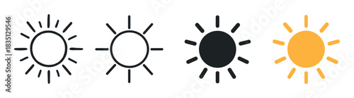 Set of four sun icons in various styles, including doodle line art, a solid black silhouette, and a yellow color, representing weather, sunshine, and summer in a flat design
