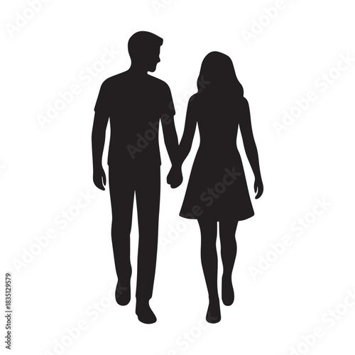 Silhouette of a loving couple holding hands and walking together