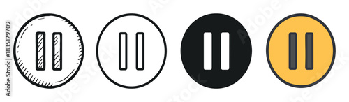 Set of four circular pause button icons in various graphic styles including hand-drawn doodle, simple line art, solid black, and flat color for user interface media player controls