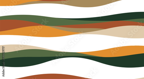 Abstract flowing organic shapes in warm earthy tones of ochre terracotta green and cream creating a serene and modern landscape panorama