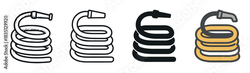 Collection of coiled garden hose icons with nozzles, presented in four distinct artistic styles: hand-drawn sketch, clean outline, bold black silhouette, and a colorful flat design