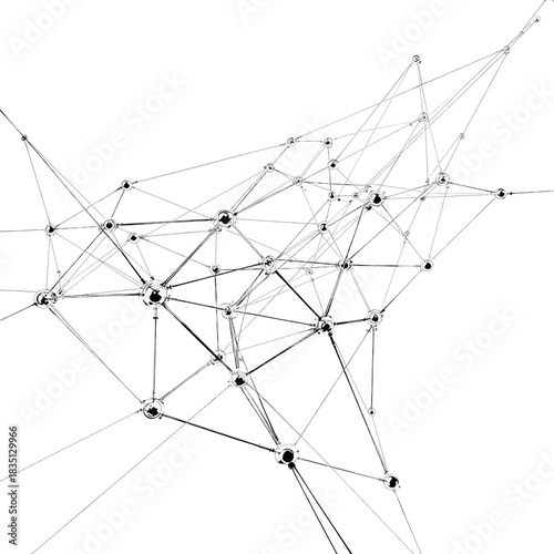 A complex network of interconnected nodes and lines on a stark white background abstract representation