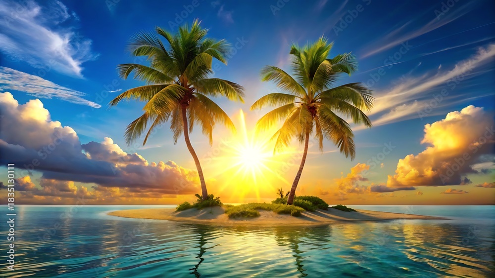 Obraz premium Tropical island paradise with palm trees at sunset