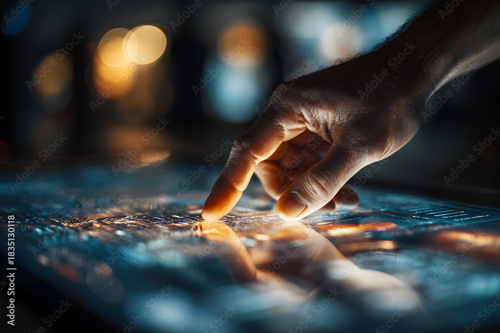 Obraz premium Close-up of Hand with Assistive Device Interacting with a Large Abstract Touch Screen.