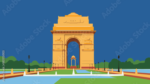Illustration of India Gate in New Delhi, India, with blue sky and green landscape.
