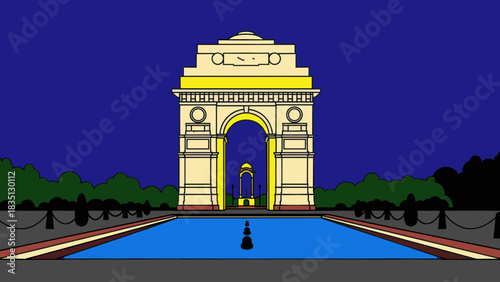 Illustration of India Gate, a war memorial in New Delhi, India, with a pool in front.