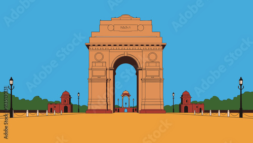 Illustration of the India Gate in New Delhi, India, with a clear blue sky in the background.