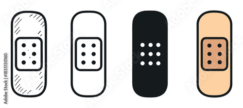 Adhesive bandage icon set in four different graphic styles including doodle, line art, silhouette, and flat color for medical and first aid concepts