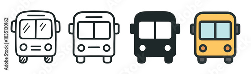 Four bus public transport vehicle icons presented in a row with various design styles from hand-drawn outline to a simple colored graphic and a bold black silhouette