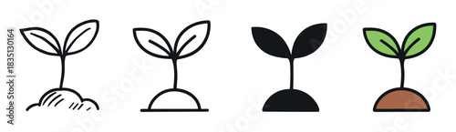 Set of four plant sprout icons showing different styles including doodle, line art, silhouette, and color for concepts of growth, nature, and new beginnings