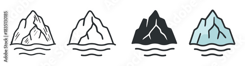 Set of four iceberg icons floating in water, showcasing different graphic styles including detailed doodle, simple outline, solid black glyph, and a colored version