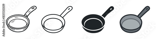 Frying pan icon set with four different styles including doodle, line art, silhouette, and simple color for graphic design and user interface elements