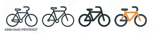 Four simple bicycle icons in a row, a collection of stylized transport symbols with one orange bike standing out from the others in a minimalist graphic design illustration set