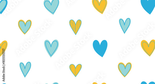 Hand drawn watercolor hearts in soft blue and yellow hues on a clean white background creating a charming and whimsical seamless pattern