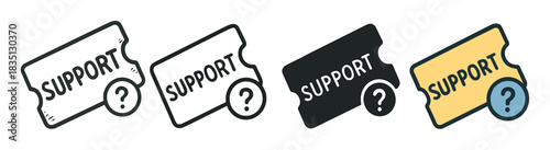 Support ticket icon set with a question mark symbol, illustrated in various styles including outline, glyph, and color for customer service and help desk concepts