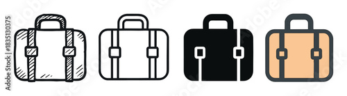 Four briefcase vector icons presented in a row, showing various design styles from hand-drawn sketch and simple outline to solid glyph and colorful flat illustration