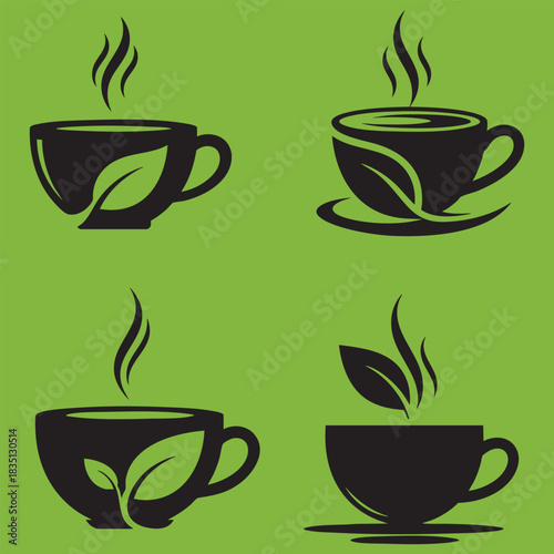 Herbal Tea Cup Logos - Hot Drink with Leaves Silhouettes on Green