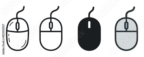 Set of four computer mouse icons presented in various graphic styles including detailed line art, a simple outline, a solid silhouette, and a flat color design