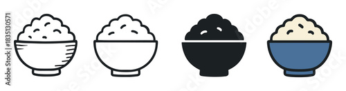 Set of four rice bowl icons representing Asian cuisine in various design styles including line art, solid glyph silhouette, and simple flat color illustration