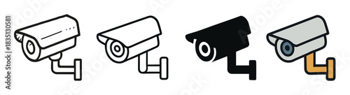 Set of four security camera icons showing different illustration styles including line art, silhouette, and a colored flat design for safety and surveillance concepts