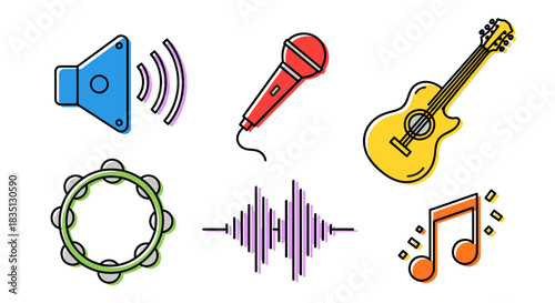 Music and Audio Icons Set: Guitar, Microphone, Speaker, and Sound Waves
