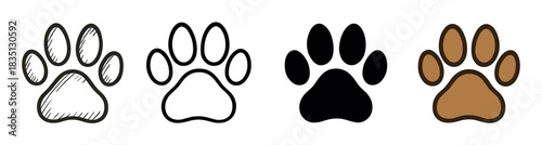 Set of four animal paw prints showing different vector illustration styles including sketch, outline, solid silhouette, and brown color fill for pet or wildlife concepts