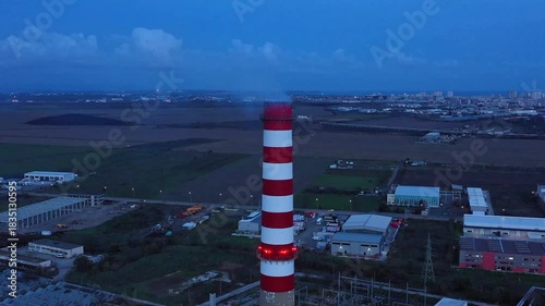 Aerial drone view to district heating on Burgas, Bulgaria evening
