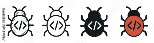 Software bug icon set with code symbols representing programming errors, debugging, and cybersecurity threats in various graphic styles like line art, sketch, and solid color