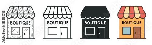 Set of four boutique shop icons in different styles including hand-drawn sketch, line art, silhouette, and flat color design for retail and small business concepts