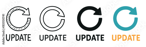 Set of four update icons with circular arrows in various styles including hand-drawn sketch, outline, and modern flat design for user interface and web elements