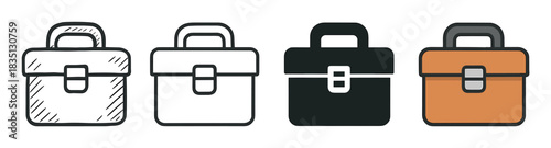 Toolbox briefcase icon set in four styles including hand-drawn sketch, line art, solid glyph, and colored flat design for web and graphic projects