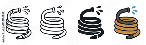 Set of four garden hose icons showing a coiled pipe spraying water, presented in various graphic styles including hand-drawn sketch, simple outline, black silhouette, and colored flat design