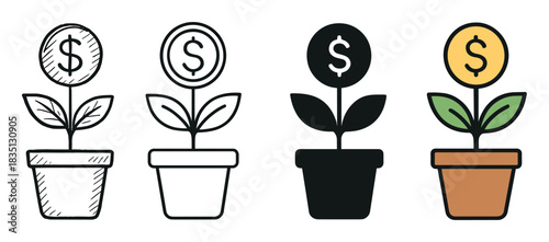 Set of four money plant icons representing financial growth and investment, shown in doodle, line art, silhouette, and colorful flat design styles for business concepts