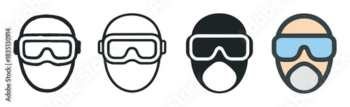 Diver mask icon set with four different graphic styles including thin line art, bold outline, solid black glyph, and a flat color version for web or app design
