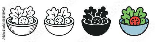 Set of four salad bowl icons in various styles including doodle, line art, glyph, and color, depicting fresh lettuce and vegetables for healthy eating and vegetarian concepts