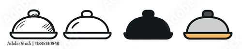 Set of four food cloche icons in various design styles including hand-drawn sketch, simple line art, solid silhouette, and a flat color graphic for dining concepts