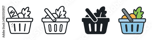 Shopping basket icon set with fresh groceries presented in four different vector styles including thin line, bold outline, solid silhouette, and flat color design