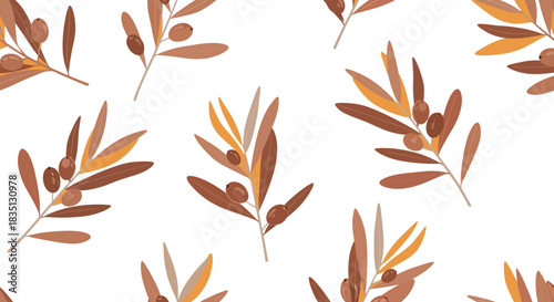 Autumnal olive branches with small olives and leaves in warm brown and orange tones creating a delicate botanical pattern on a white background