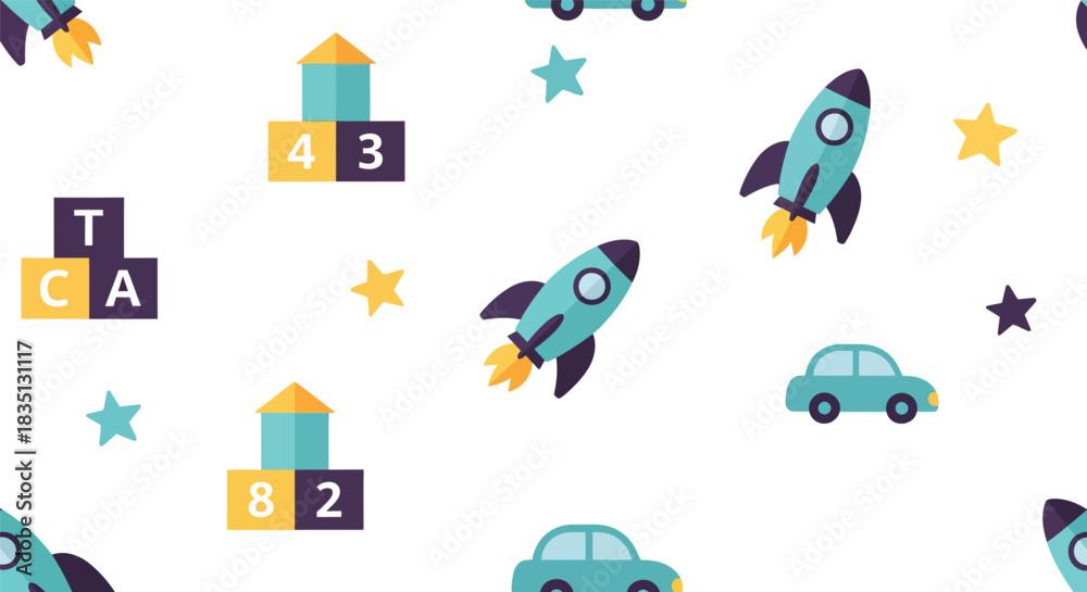 Obraz premium Whimsical seamless pattern featuring playful cartoon rockets colorful building blocks with numbers and letters and cute cars on a white background