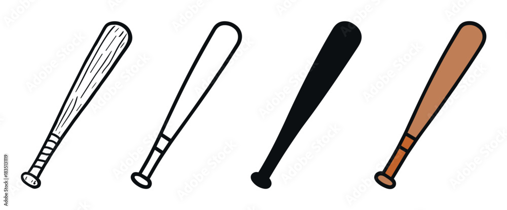 Fototapeta premium Set of four baseball bat illustrations in various design styles including a detailed doodle, simple outline, solid black silhouette, and a classic brown cartoon version
