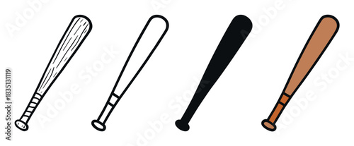Set of four baseball bat illustrations in various design styles including a detailed doodle, simple outline, solid black silhouette, and a classic brown cartoon version