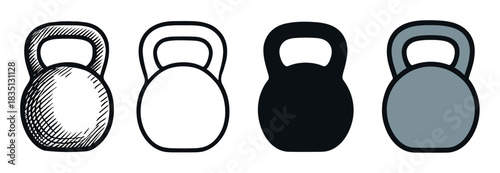Set of four kettlebell fitness icons showing different artistic styles such as a hand-drawn sketch, minimalist outline, solid black silhouette, and simple flat color
