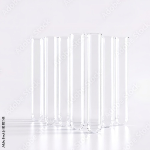 A group of clear glass test tubes standing upright on a white surface in a laboratory setting