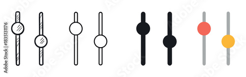Collection of vertical slider adjustment icons in various design styles including doodle, line art, solid glyph, and flat color for user interface customization and control