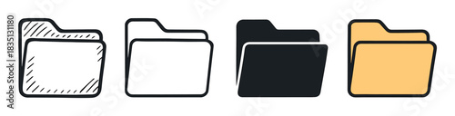 Set of four folder icons in different styles including doodle, line art, silhouette, and color for user interface design, data storage, and document organization concepts