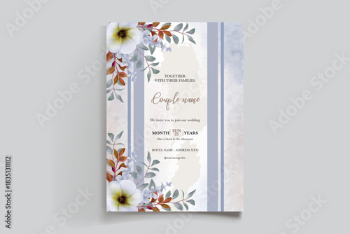 WEDDING INVITATION FRAME WITH FLOWER DECORATIONS AND FRESH LEAVES