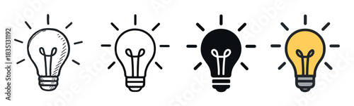 Four shining light bulb vector icons in a row show different graphic styles like hand-drawn, line art, solid, and colored, symbolizing creativity and bright ideas