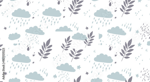 Whimsical seamless pattern featuring soft blue clouds with gentle rain falling amidst delicate grey botanical branches and scattered dots on a clean white background