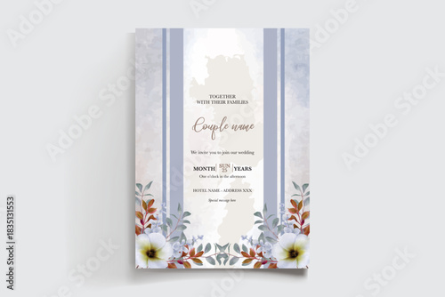 WEDDING INVITATION FRAME WITH FLOWER DECORATIONS AND FRESH LEAVES