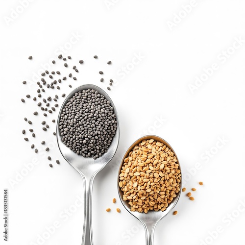 Two spoons filled with seeds, one with black seeds and the other with tan seeds on white background